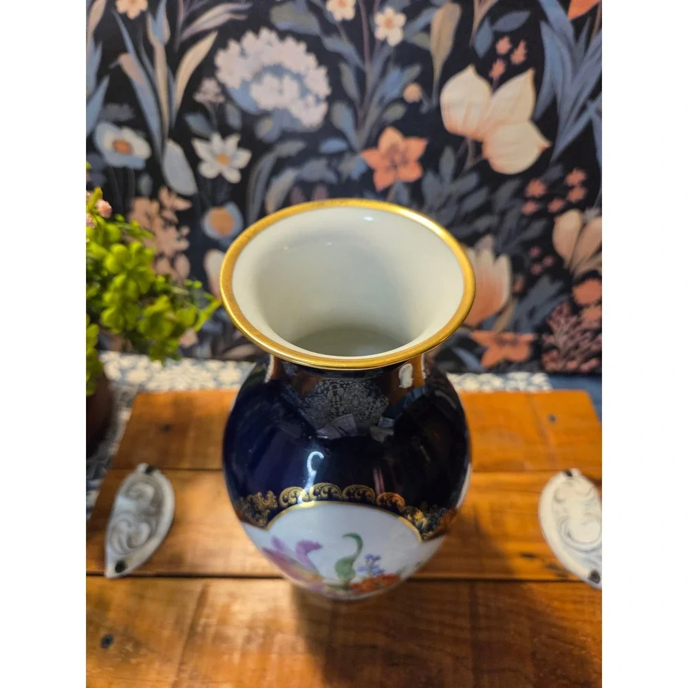 Lindner‎ Keups Porcelain Cobalt Blue Vase Floral Motif Gold Trim Western Germany